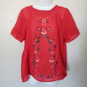 Filly Flair Small Red Short Sleeve Blouse Embroidered Floral Boho Lightweight